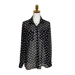 Tracy M Womens Large Black White Polka Dot Chiffon Button Up Blouse Long Sleeve